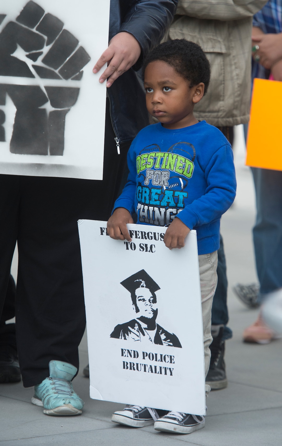 (Rick Egan  |  The Salt Lake Tribune)  Omar Hopoate, 3, holds a sign during a Black Lives Matter protest against police brutality. The protesters are calling for the release of body camera footage of an officer fatally shooting 50-year-old Patrick Harmon at the Salt Lake City Public Safety Building, Saturday, September 30, 2017.
