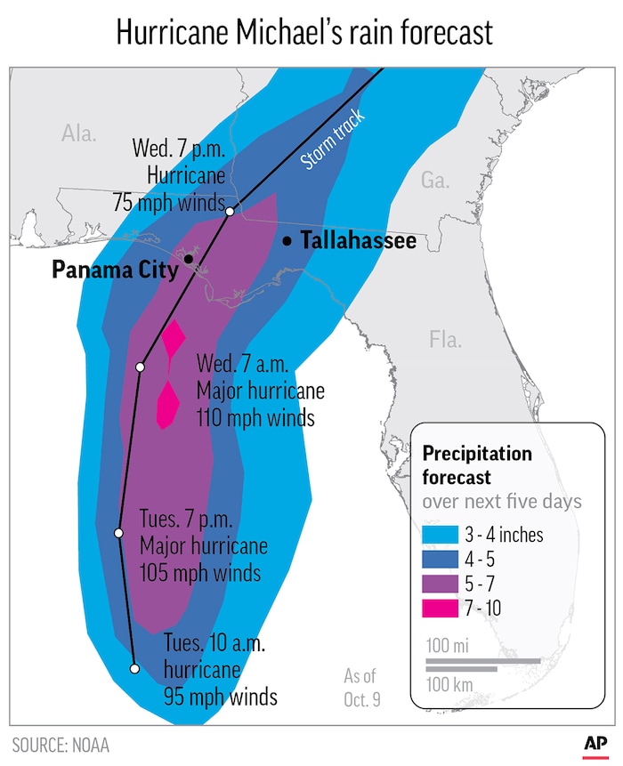 (The Associated Press) The predicted precipitation over the next five days caused by Hurricane Michael