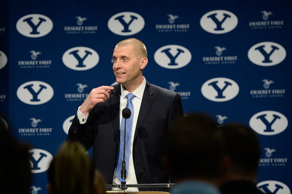 (Francisco Kjolseth  |  The Salt Lake Tribune)  Mark Pope takes questions from the media after being announced as BYU's new head basketball coach during a press event at the BYU broadcasting building on Wed. April 10, 2019.