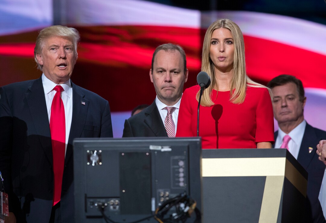 In this photo July 21, 2016, photo, then-Trump campaign manager Paul Manafort, right, watches with then-Republican presidential candidate Donald Trump and Manafort's chief deputy Rick Gates, center, as Ivanka Trump rehearses for the Republican National Convention in Cleveland. President Donald Trump's former campaign chairman, Manafort, and Gates, a former Manafort business associate, have been indicted on Oct. 30, 2017, on charges of conspiracy against the United States and other counts. (AP Photo/Evan Vucci)