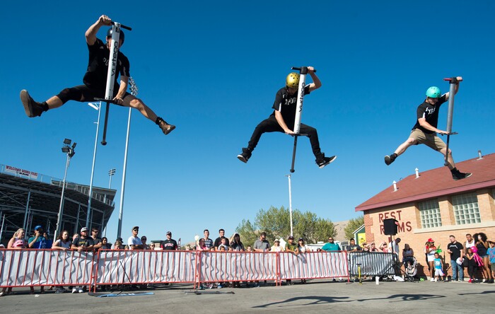 (Rick Egan  |  The Salt Lake Tribune)   The Xpogo Stunt Team  performs at the Utah State Fair, flying higher than10 Feet in the air on extreme pogo sticks throwing down flips and incredible tricks, 
The Xpogo Stunt team has headlined in 23 countries, appeared in numerous TV shows, Music Videos, commercials, and films, and collectively holds 13 current Guinness World Records. Sunday, September 10, 2017.


