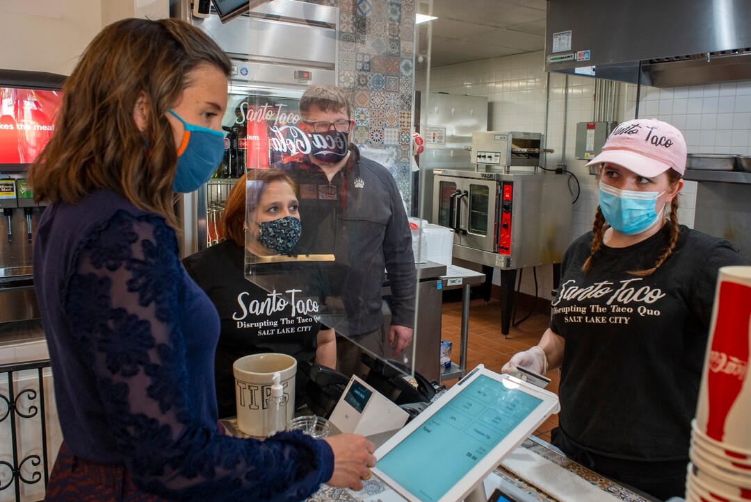 (Rick Egan | The Salt Lake Tribune) Salt Lake City Mayor Erin Mendenhall orders tacos at Santo Taco, after a news conference encouraging citizens to keep wearing masks, after the state mask mandate ends, Friday, March 19, 2021.