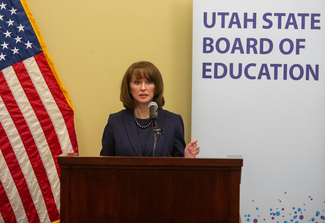 (Rick Egan  |  The Salt Lake Tribune)     Utah State Superintendent of Public Instruction Sydnee Dickson speaks at a news conference at the Capitol, as the Utah State Board of Education presented it's legislative priorities. Monday, Jan. 28, 2019.