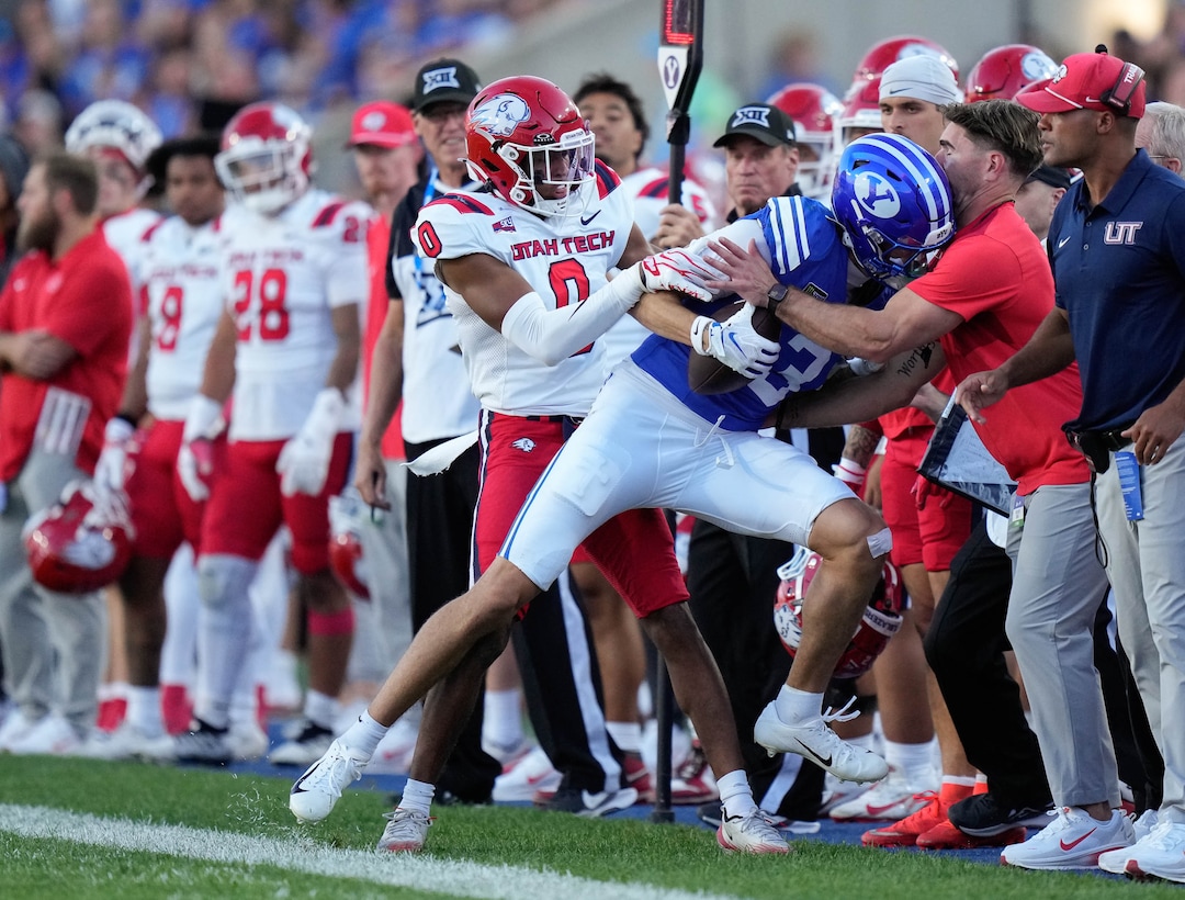 (Francisco Kjolseth | The Salt Lake Tribune) BYU Cougars wide receiver Kyler Kasper (3) runs into the Utah Tech sideline during the first half of an NCAA college football game against Utah Tech, Saturday, Sept. 5, 2026, at LaVell Edwards Stadium in Provo.