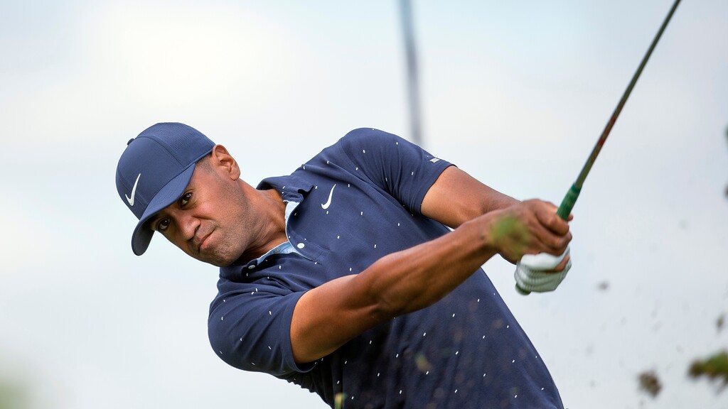 Tony Finau tees off on the fourth hole during the first round of the 3M Open golf tournament in Blaine, Minn., Thursday, July 23, 2020. (AP Photo/Andy Clayton- King)