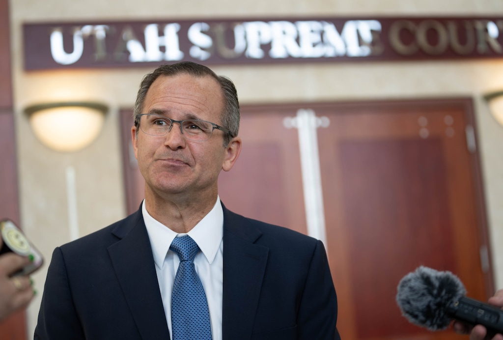 (Francisco Kjolseth  | The Salt Lake Tribune) Colby Jenkins answers questions following oral arguments before the Utah Supreme Court in his lawsuit seeking to have late-postmarked ballots counted in his 2nd District primary race, which he lost by 176 votes, on Friday, Aug. 9, 2024.