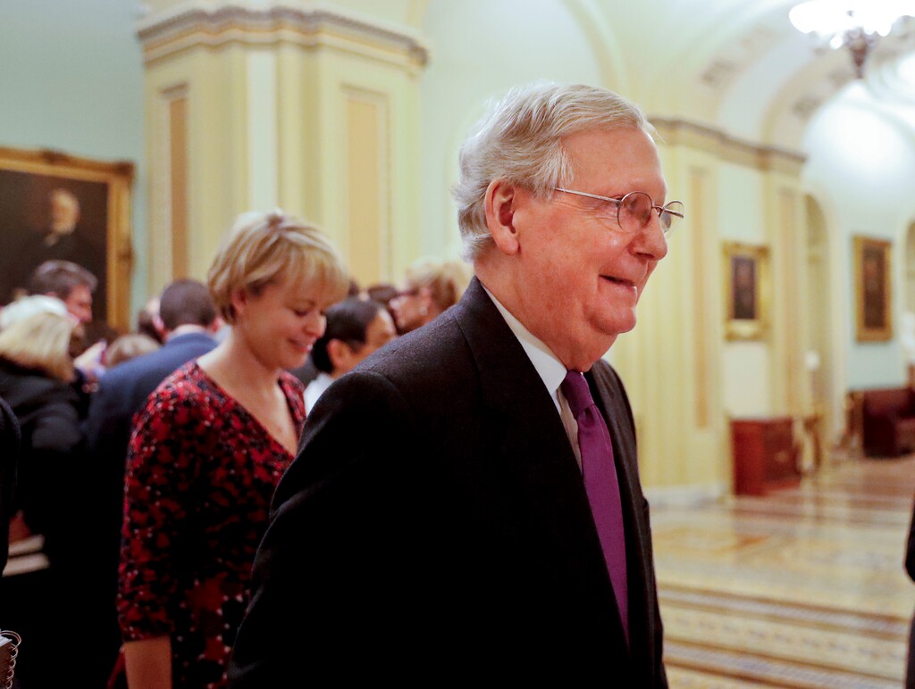 Senate Majority Leader Mitch McConnell of Ky., walks back to his office on Capitol Hill in Washington, Monday, Jan. 22, 2018. (AP Photo/Pablo Martinez Monsivais)