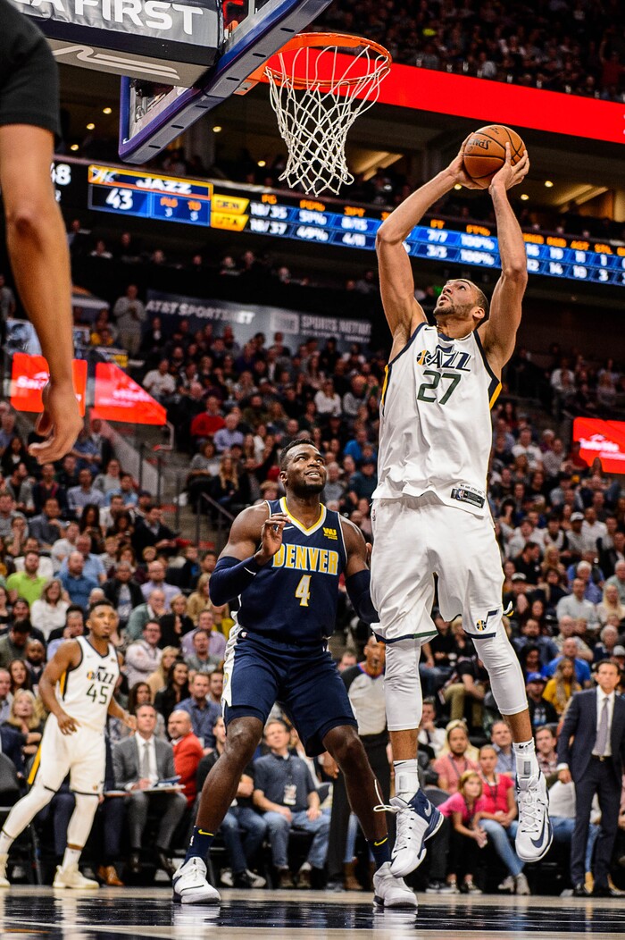 (Trent Nelson | The Salt Lake Tribune)  Utah Jazz center Rudy Gobert (27) dunks as the Utah Jazz host the Denver Nuggets, NBA basketball in Salt Lake City, Wednesday October 18, 2017.