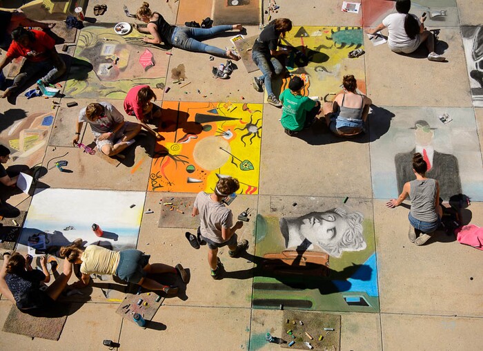 (Trent Nelson | The Salt Lake Tribune)  Alta High School's annual "Chalk the Walk" event, a school tradition since 1985 in which students recreate famous art works in sidewalk chalk, Friday May 25, 2018.