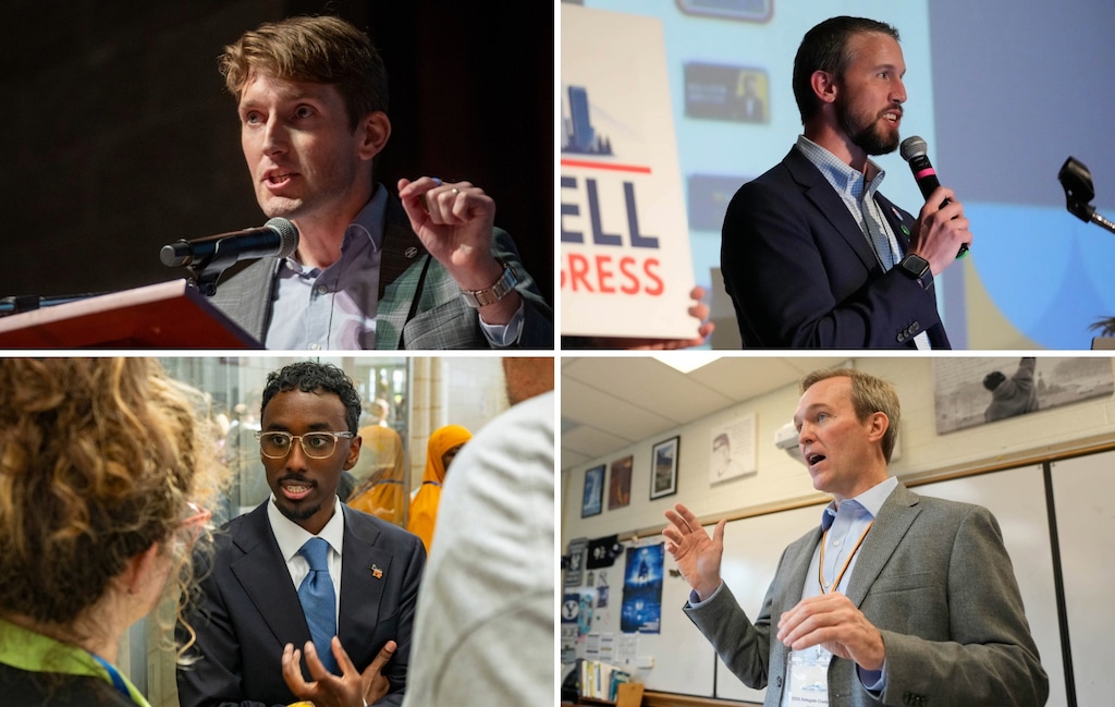 (The Salt Lake Tribune) Candidates for the Democratic nomination for the 1st Congressional District, clockwise from top left: Nate Blouin; Michael Farrell; Ben McAdams; and Liban Mohamed.