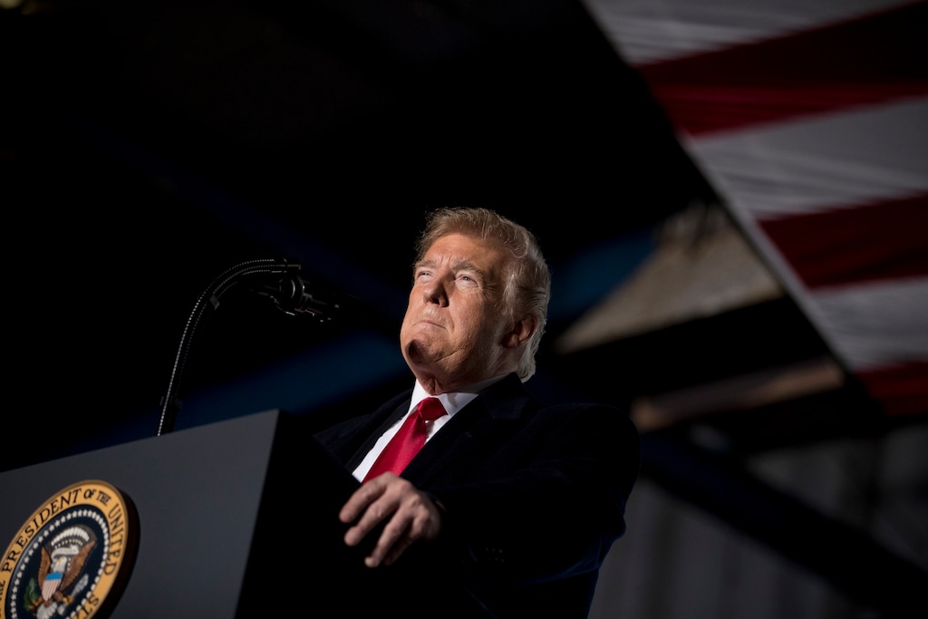(Andrew Harnik | The Associated Press) President Donald Trump pauses while speaking at a rally at Southern Illinois Airport in Murphysboro, Ill., Saturday, Oct. 27, 2018.
