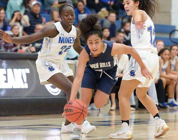 (Leah Hogsten  |  The Salt Lake Tribune)  Copper Hills' Eleyana Tafisi (03) had 12 points.  Bingham defeated Copper Hills 48-40 in their semifinal game of the 6A High School Girls' Basketball Tournament at SLCC in Taylorsville, Friday, Feb. 23, 2018. 