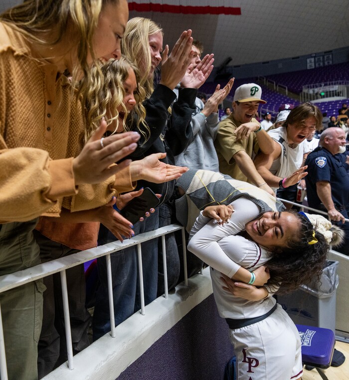 (Rick Egan | The Salt Lake Tribune) Makeili Ika (4) celebrates Lone Peak's win over the Skyridge Falcons, in the 6A girls Championship Game between Skyridge and Lone Peak, at Weber State, on Saturday, March 4, 2023.
