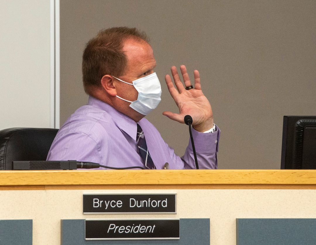 (Rick Egan  |  The Salt Lake Tribune)     Jordan School Board President Bryce Dunford asks a questions questions during the Jordan School Board meeting, discussing the Covid-19 cases at Riverton High School, on Wednesday, Sept. 16, 2020.