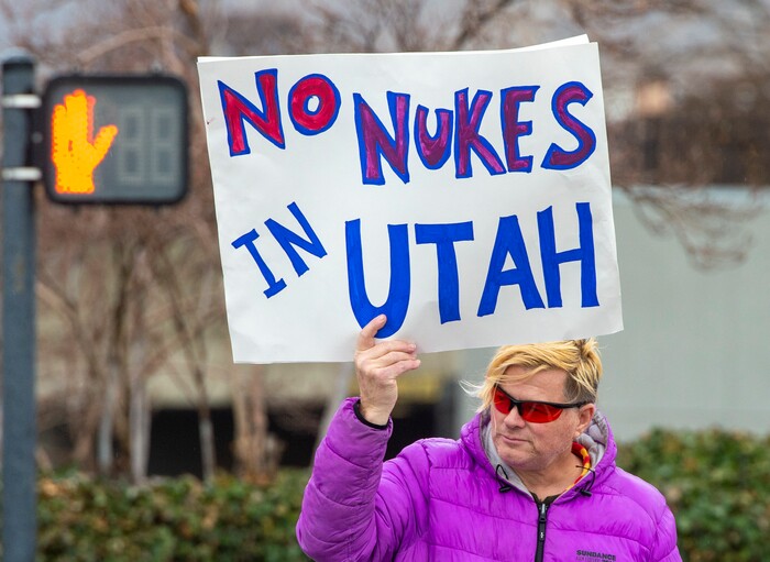 (Rick Egan  |  The Salt Lake Tribune) Marcus Collonge take part in a picketing party against Northrop Grumman on 400 West and 100 South, near the Clark Planetarium in Salt Lake City, Sunday, Dec. 8, 2019.