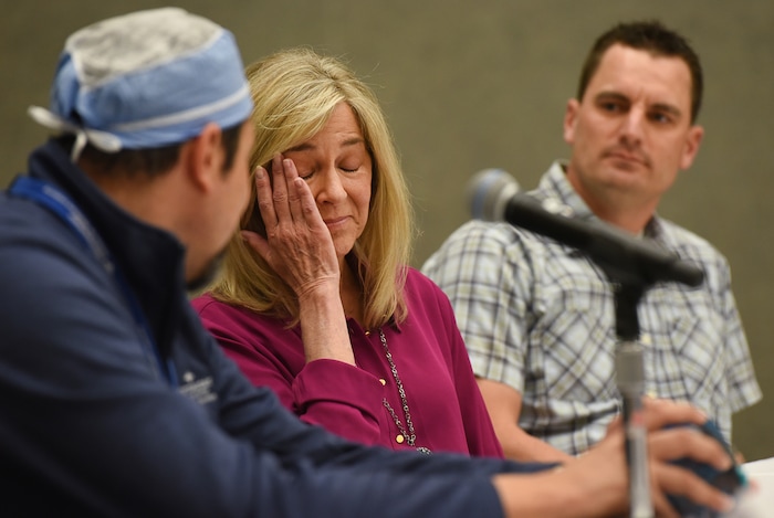 (Francisco Kjolseth  |  The Salt Lake Tribune)  Gwen Finlayson becomes emotional as she describes the ultimate Mother's Day Gift when her son Brandon, in background, donated part of his liver to her in early February. Although the two like to joke, receiving the gift of life from her son in a rare surgery at Intermountain Medical Center, was not an easy gift for her to accept. This is the first ever left lee living liver transplant in Utah.