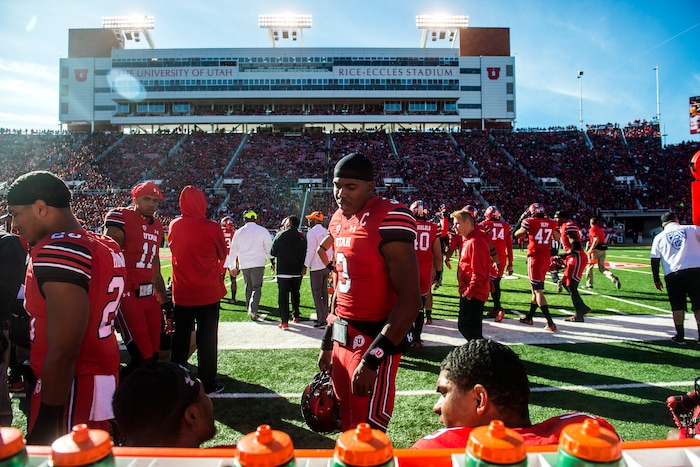(Chris Detrick  |  The Salt Lake Tribune)  Utah Utes quarterback Troy Williams (3) talks with Utah Utes quarterback Tyler Huntley (1) during the game at Rice-Eccles Stadium Saturday, October 21, 2017.  Arizona State Sun Devils defeated Utah Utes 30-10.