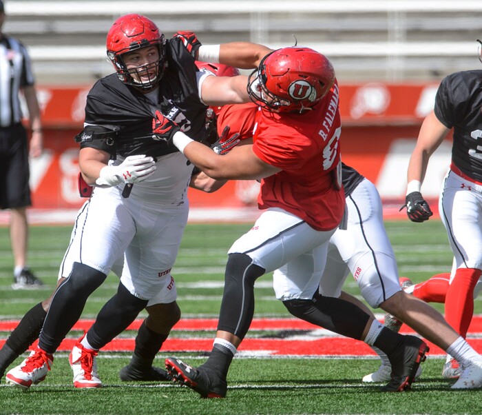 (Steve Griffin  |  The Salt Lake Tribune) Utah tight end Zach Tafua, left, battles lineman Bapa Falemaka during the University of Utah football team's first scrimmage at Rice-Eccles Stadium in Salt Lake City Friday March 30, 2018.