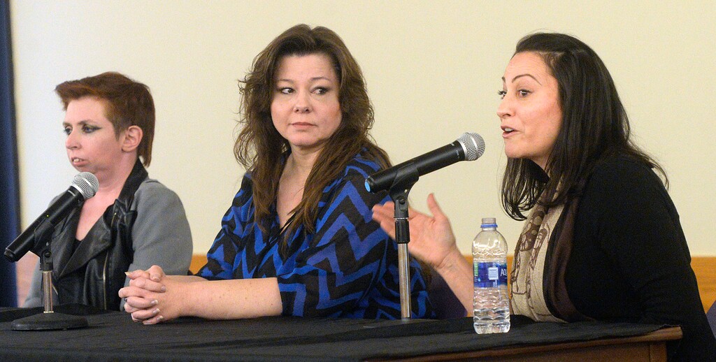(Al Hartmann  |  The Salt Lake Tribune) 	
Panelists Psarah Johnson, left, Lesa Bird and Terry Mitchell, all victims of abuse, speak at Salt Lake Community College Career Services discussion titled “Voices of Abuse,” Tuesday, March 27, 2018.