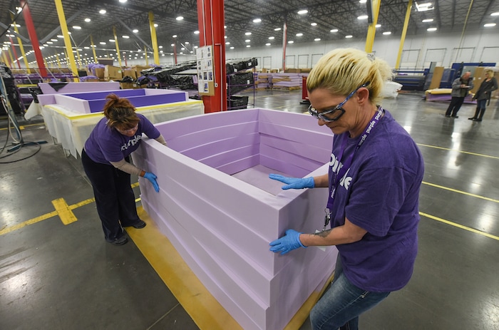 (Francisco Kjolseth | The Salt Lake Tribune)  Charity Bullock, right, and Nancy Sternod work the frame assembly line at Purple, an Alpine based company that has developed tech to manufacture flexible mattresses at their plant in Grantsville. The company is among many Utah companies that are categorized as important "high growth" companies in Utah and Salt Lake counties. Those two counties are among the top six nationally in producing companies that are generating multiple jobs and considerable revenue.