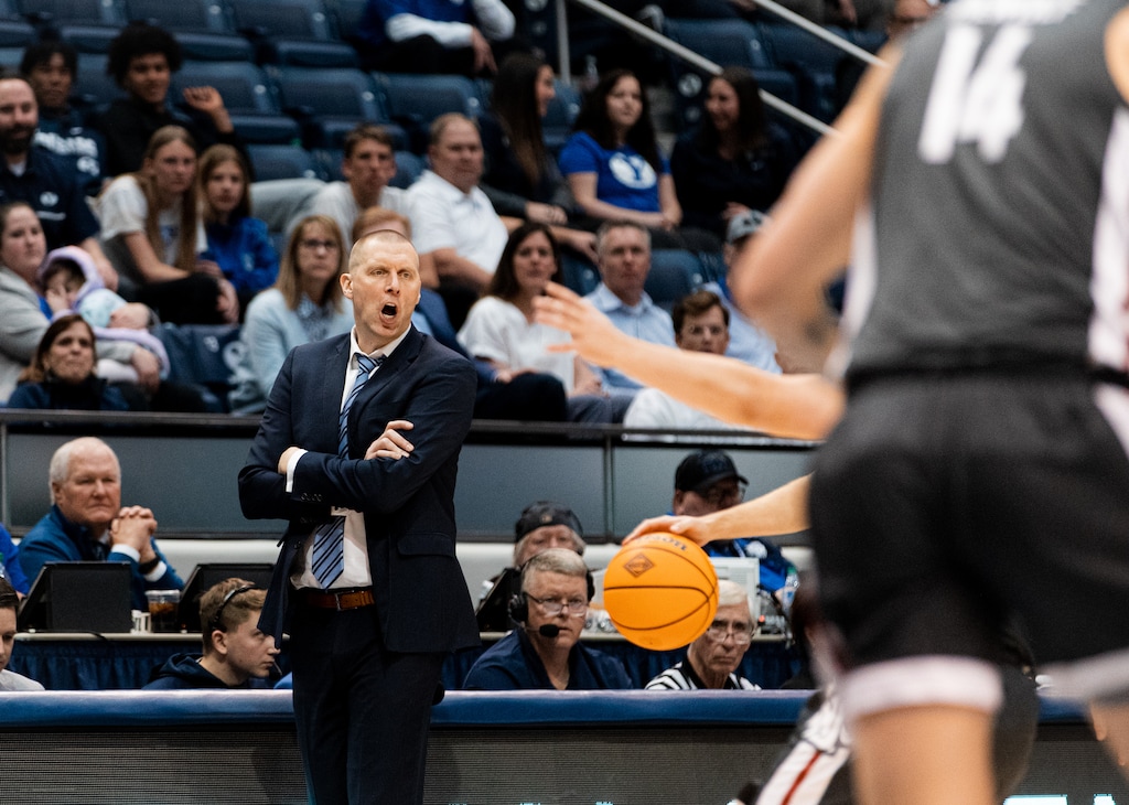 (Rachel Rydalch | The Salt Lake Tribune) Brigham Young Cougars head coach Mark Pope at the NIT quarter finals game between the Brigham Young Cougars and the Washington State Cougars on Wednesday, March 23, 2022.