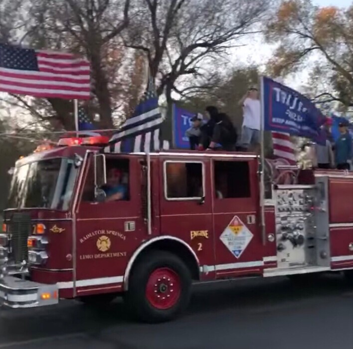 (Photo courtesy of the Weber Fire District)  The Weber Fire District got complaints after this firetruck displaying Trump flags was seen in Huntsville on Monday, Jan. 11, 2021. The district says it belongs to a private person, not a fire department.