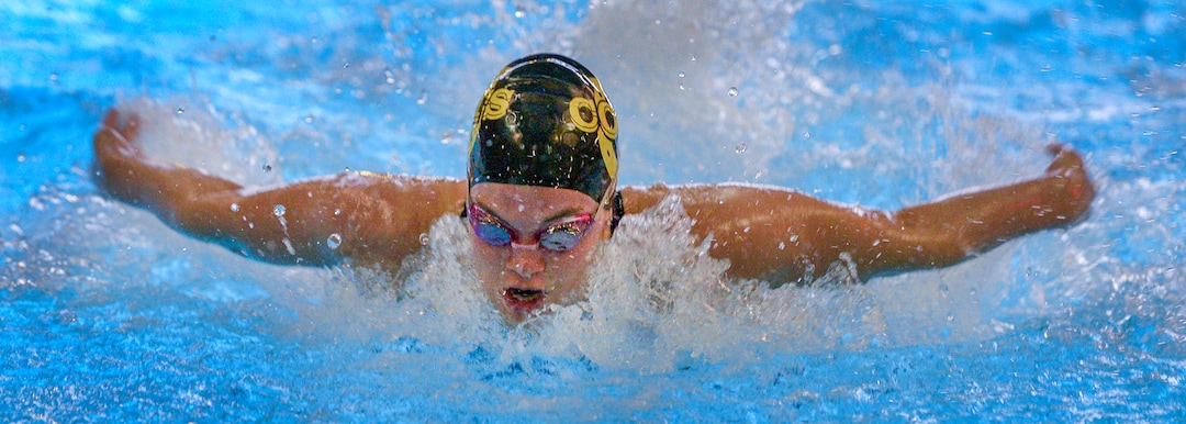 (Leah Hogsten  |  The Salt Lake Tribune)  Cottonwood High School's Ryan White wins the 100yd butterfly with a time of 55.04 at the Class 5A State Championships in Bountiful, Saturday, February 10, 2018. 