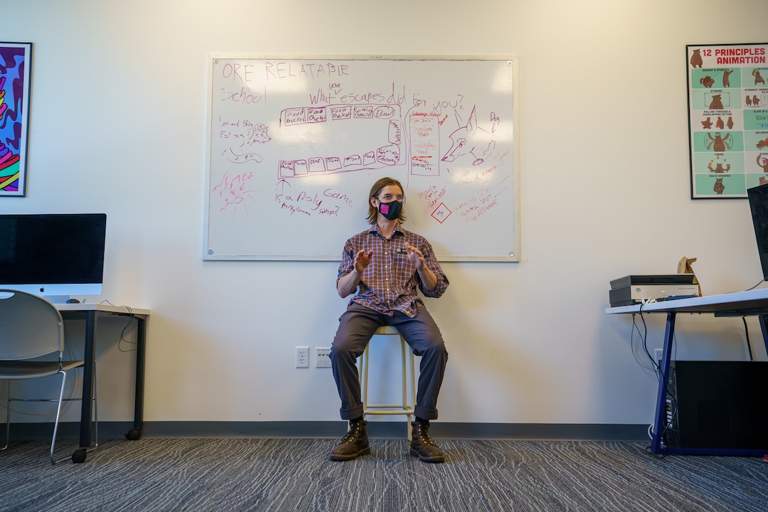 (Trent Nelson  |  The Salt Lake Tribune) Trevor Dahl, a graphic designer and mentor, at Spy Hop’s new headquarters in the Central Ninth neighborhood of Salt Lake City on Wednesday, April 28, 2021.