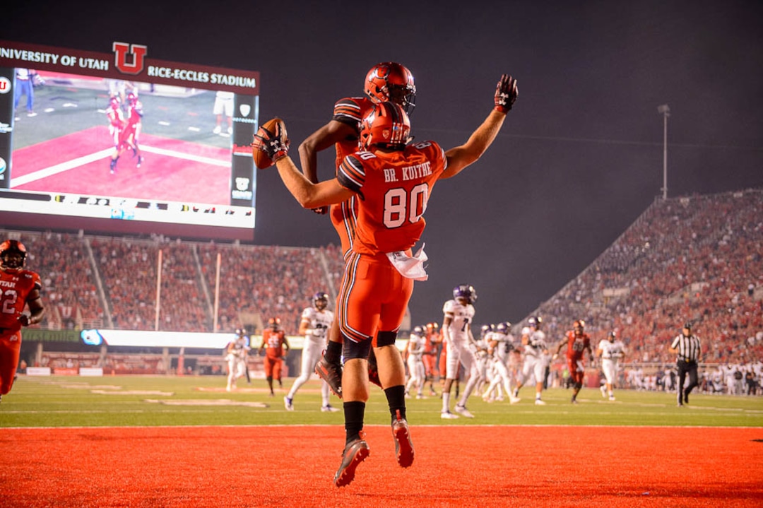 (Trent Nelson | The Salt Lake Tribune)  Utah Utes tight end Brant Kuithe (80) celebrates a touchdown as the University of Utah Utes host the Weber State Wildcats, Thursday Aug. 30, 2018 at Rice-Eccles Stadium in Salt Lake City.