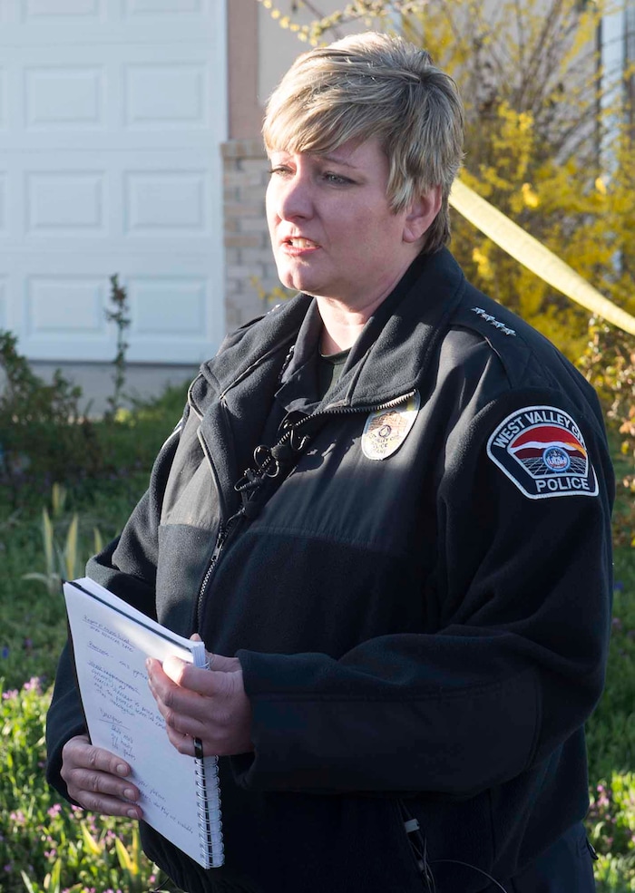 (Rick Egan | The Salt Lake Tribune) West Valley City Police Chief Colleen Jacobs, reads a statement about an officer involved shooting, in which the suspect was killed, in West Valley City, Sunday, April 8, 2018.
