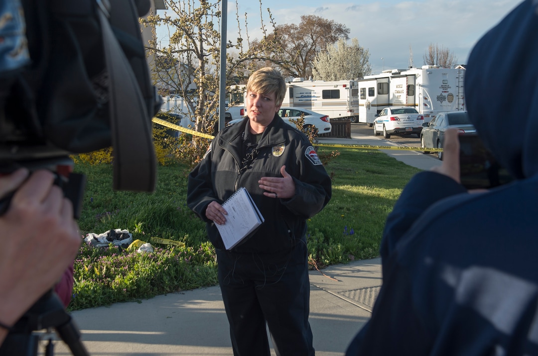 (Rick Egan  |  The Salt Lake Tribune)     West Valley City Police Chief Colleen Jacobs, reads a statement about an officer involved  shooting, in which the suspect was killed, in West Valley City, Sunday, April 8, 2018.