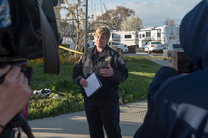 (Rick Egan | The Salt Lake Tribune) West Valley City Police Chief Colleen Jacobs, reads a statement about an officer involved shooting, in which the suspect was killed, in West Valley City, Sunday, April 8, 2018.