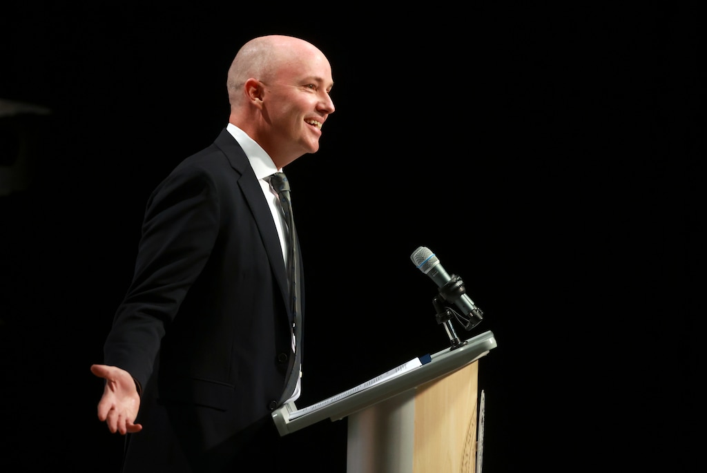 (Kristin Murphy | Pool) Gov. Spencer Cox speaks at a monthly news conference in Salt Lake City on Thursday, April 30, 2026.