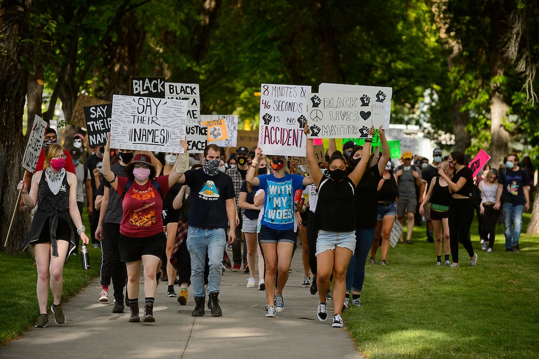 (Trent Nelson  |  The Salt Lake Tribune) Protesters march against police brutality in Salt Lake City on Tuesday, June 2, 2020.