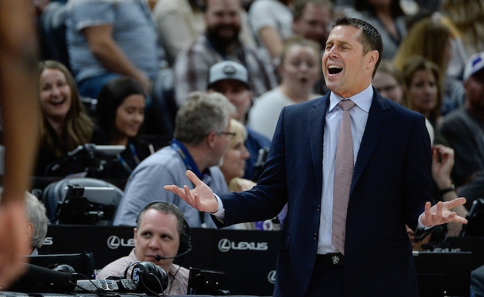 (Francisco Kjolseth  |  The Salt Lake Tribune)  Sacramento Kings head coach David Joerger gets a technical foul in the firs few minutes of the game as the Utah Jazz host the Sacramento Kings in their NBA game at Vivint Smart Home Arena Friday, April 5, 2019, in Salt Lake City.