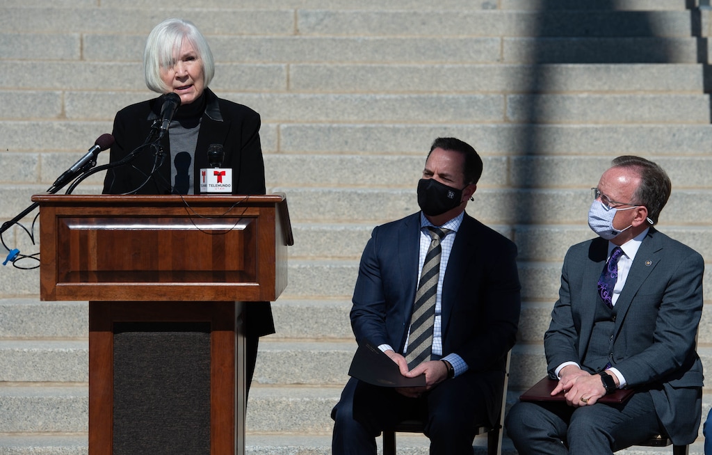 (Francisco Kjolseth | The Salt Lake Tribune) Former Utah Jazz owner Gail Miller joins House Speaker Brad R. Wilson, R-Kaysville, and Senate President Stuart Adams, R-Layton, along with other members of the philanthropic community gathered outside the Capitol on Wednesday, March 3, 2021, to discuss legislation and announce a public-private partnership to help address homelessness and affordable housing.