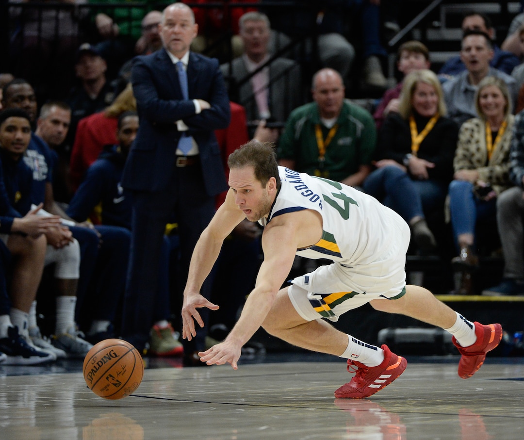 (Francisco Kjolseth  |  The Salt Lake Tribune) Utah Jazz forward Bojan Bogdanovic (44) chases down a loose ball as the Utah Jazz host the Denver Nuggets in their NBA basketball game at Vivint Smart Home Arena in Salt Lake City on Wednesday, Feb. 5, 2020.