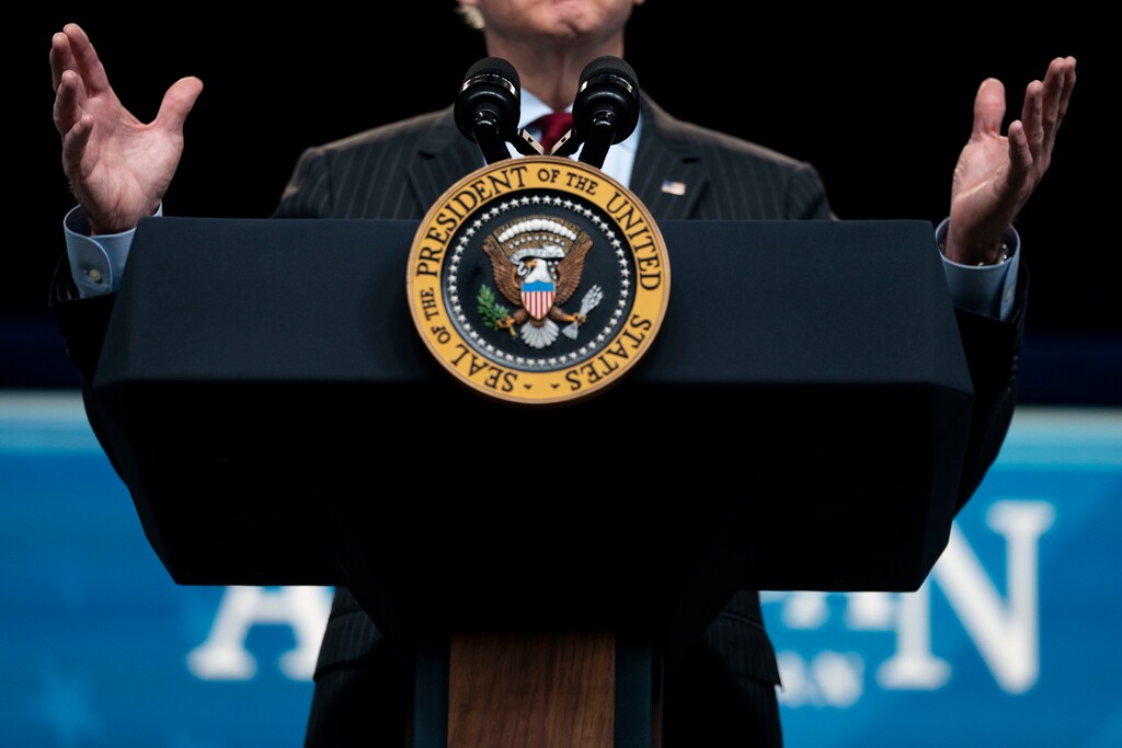 (Doug Mills | The New York Times)

President Joe Biden speaks in Washington, Feb. 22, 2021. "The Biden administration is throwing up epic spending plans at a bold, dazzling pace," writes New York Times columnist David Brooks.