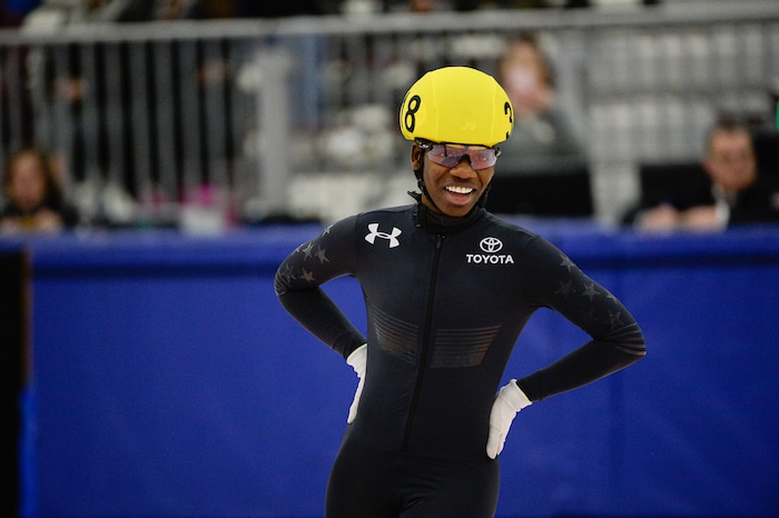 (Francisco Kjolseth  |  The Salt Lake Tribune) Maame Biney competes in the 2000 meter mixed semifinal relay race as part of the U.S. Short Track Speedskating championships on Friday, Jan. 3, 2020, at the Utah Olympic Oval in Kearns.