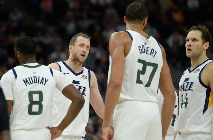 (Francisco Kjolseth  |  The Salt Lake Tribune)  Utah Jazz forward Joe Ingles (2) speaks with his teammates as the Utah Jazz host the Portland Trailblazers in their NBA basketball game at Vivint Smart Home Arena in Salt Lake City on Wed. Oct. 16, 2019.