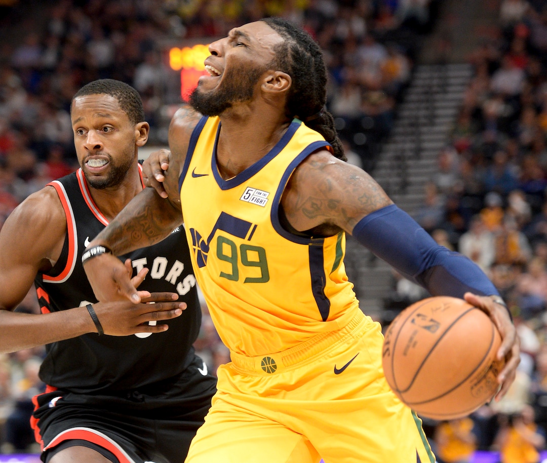 Leah Hogsten  |  The Salt Lake Tribune  Toronto Raptors forward CJ Miles (0) fouls Utah Jazz forward Jae Crowder (99) as the Utah Jazz host the Toronto Raptors, Monday, Nov. 5, 2018 at  Vivint Smart Home Arena.