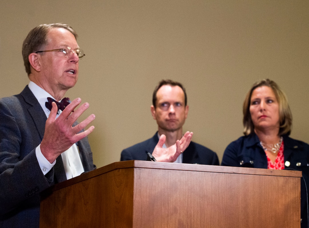 (Rick Egan | The Salt Lake Tribune) Matt McCluskey and his wife Jill, listen as Jim McConkie talks about the lawsuit, during a news conference Thursday, June 27, 2019, following the filing of a lawsuit against the University of Utah for $56 million, alleging campus police could have done more to prevent the murder of their daughter Lauren.