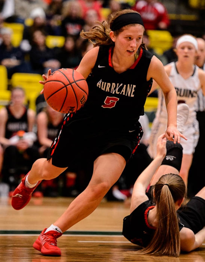 (Trent Nelson | The Salt Lake Tribune)
Hurricane vs. Mountain View, 4A State high school basketball tournament at Utah Valley University in Orem, Thursday March 1, 2018. Hurricane's Kylee Stevens (5).
