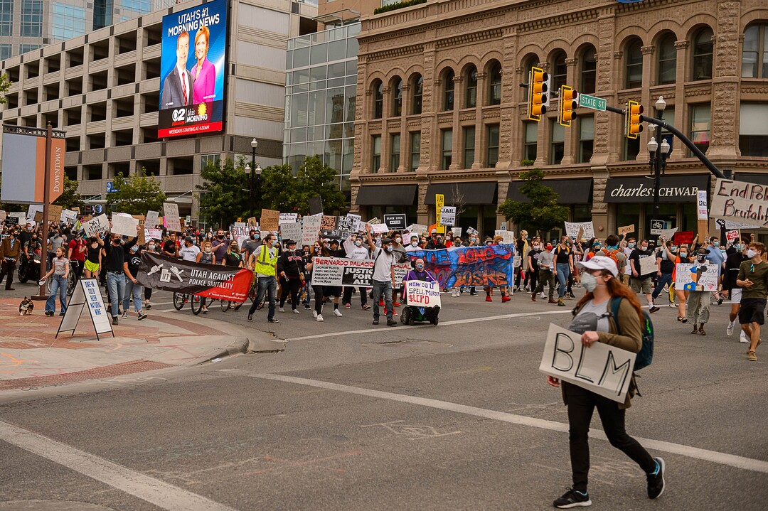 (Trent Nelson  |  The Salt Lake Tribune) People march against police brutality in Salt Lake City on Saturday, June 13, 2020.