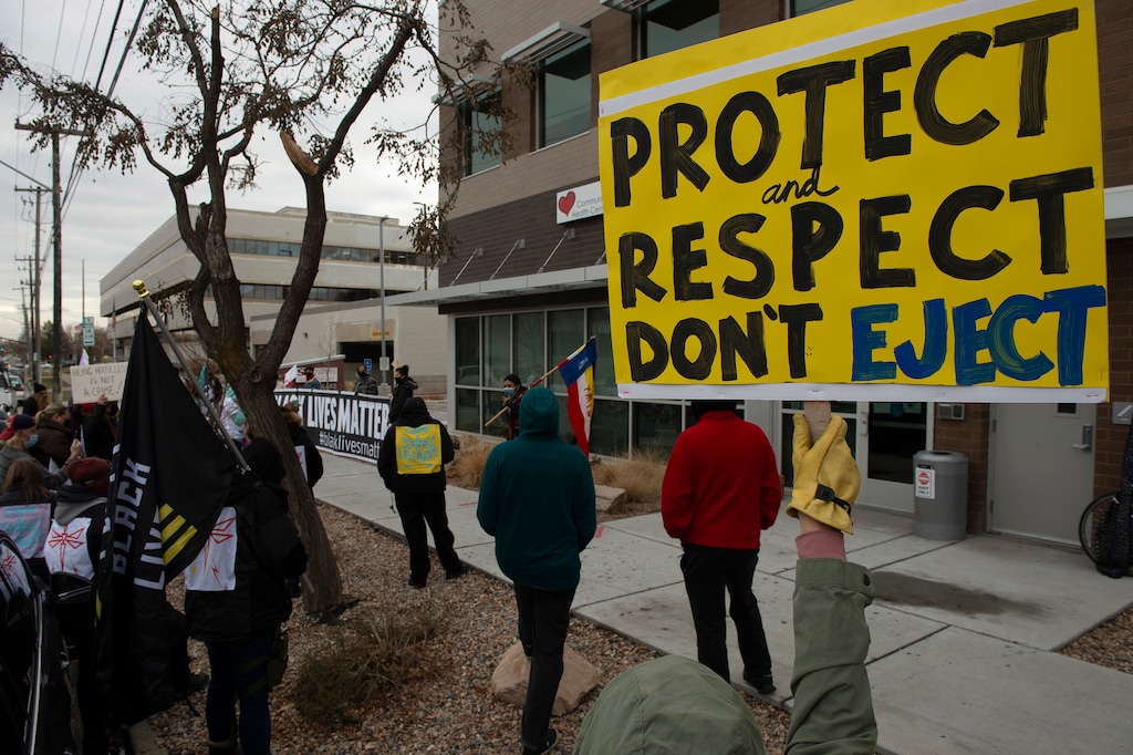 (Rick Egan | Tribune file photo) More than 100 people protest the way the health department has been forcing people experiencing homelessness to move in the middle of a pandemic and the coldest time of the year, in front of the Salt Lake Public Health Center on Friday, Dec. 18, 2020.