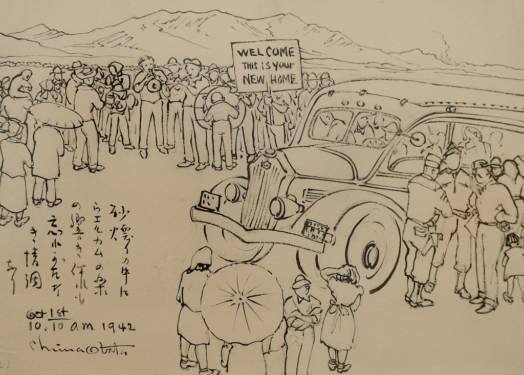 (Francisco Kjolseth | The Salt Lake Tribune) The Utah Museum of Fine Art hosts "Chiura Obata: An American Modern," major touring retrospective of Japanese-American artist (1885-1975), whose work captured Western landscapes and his time at the Topaz War Relocation Center (internment camp) during World War II. Pictured is "Arrivals Welcomed to Topaz, October 1, 10:10 a.m.," 1942, Ink on paper.
