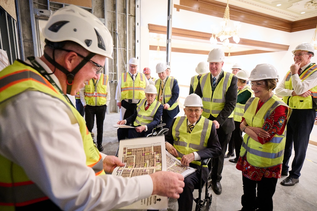 (Leslie Nilsson | The Church of Jesus Christ of Latter-day Saints) The church's First Presidency tours the renovations underway in the Salt Lake Temple on Friday, Dec. 12, 2025.