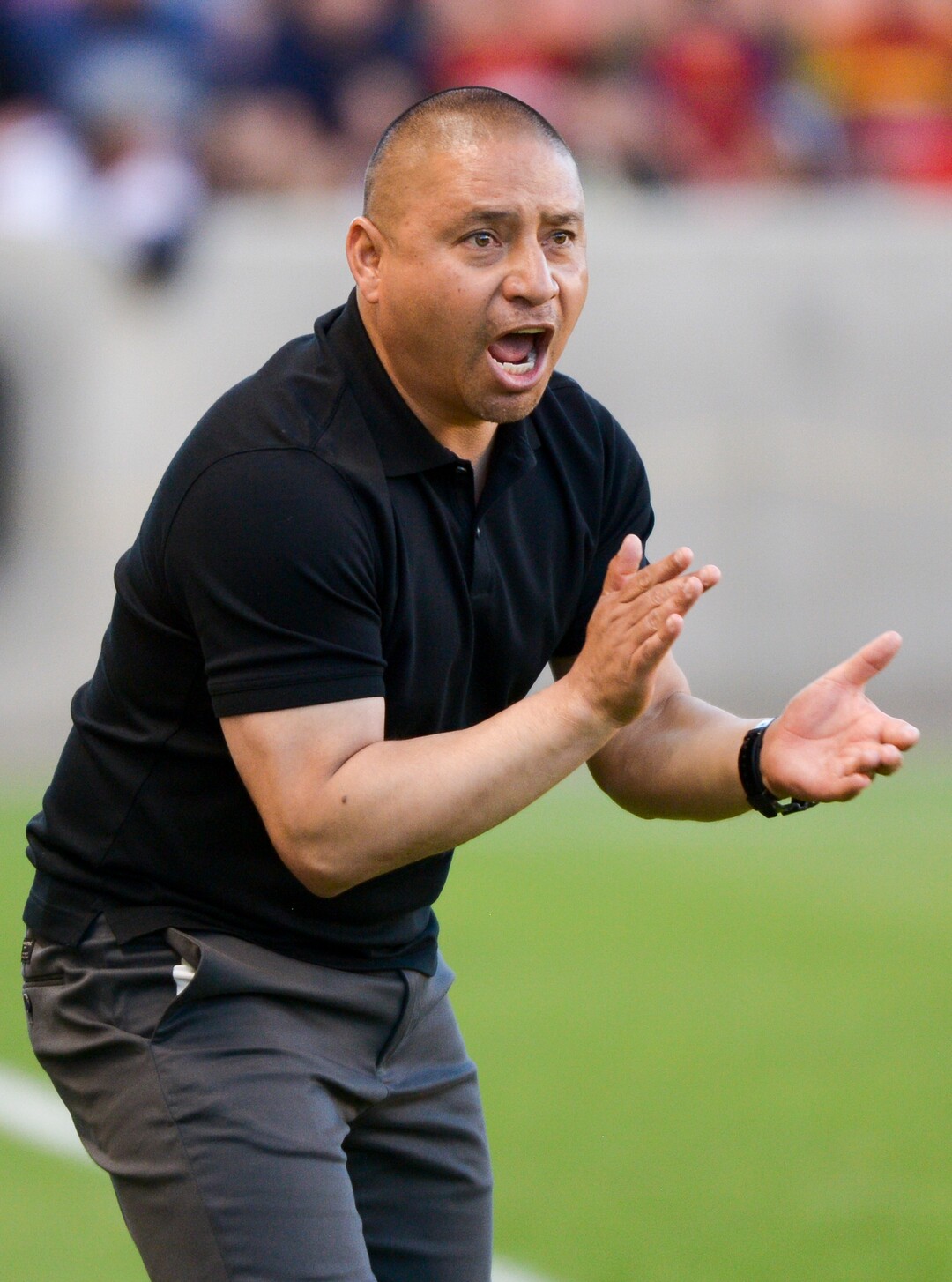 (Leah Hogsten  |  The Salt Lake Tribune) Real Salt Lake assistant coach Freddie Juarez leads the team. Real Salt Lake head coach Mike Petke is attending the U.S. Soccer Pro Coaching Course in Minneapolis as Real Salt Lake hosts Los Angeles Football Club in the fourth round of the Lamar Hunt U.S. Open Cup, June 11, 2019 at Rio Tinto Stadium in Sandy.