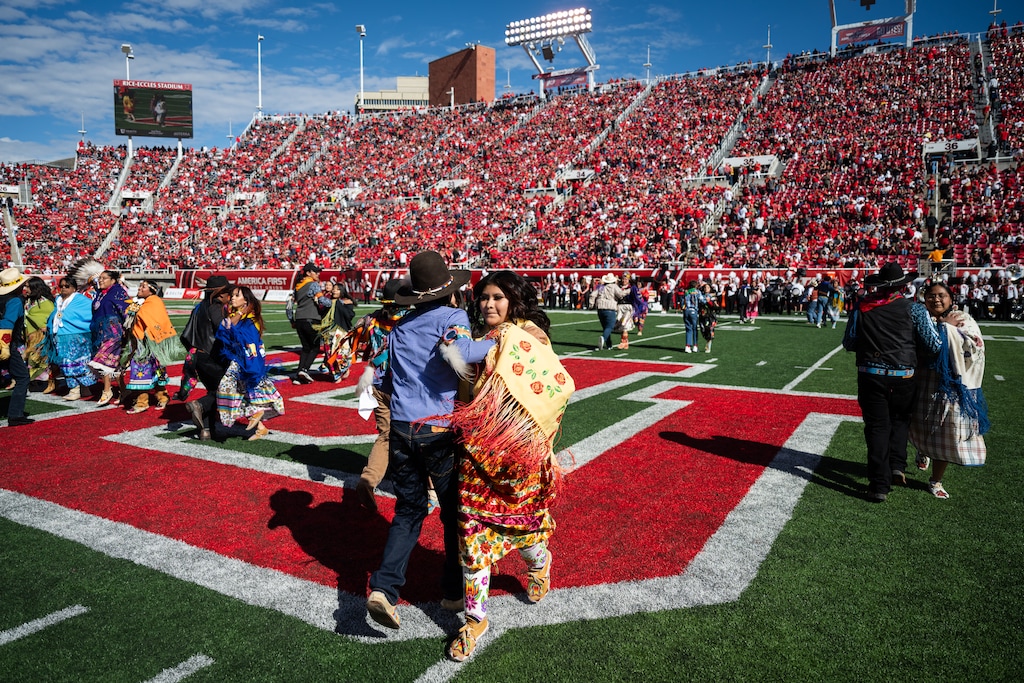 (James Roh | Special to The Tribune) Members of the Ute Indian Tribe perform during halftime at the Ute Proud football game at Rice-Eccles Stadium in Salt Lake City on Saturday, Oct. 14, 2023. The Utes have a longstanding agreement with the U. for the university to use its name. In exchange, the school is supposed to support the tribe's students in education — particularly with scholarships. But an investigation finds not many scholarships are given out and the U. has few requirements to meet.