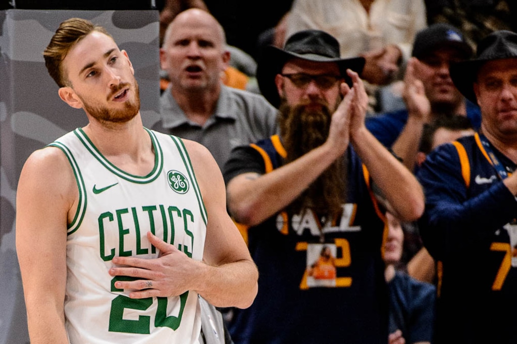 (Trent Nelson | The Salt Lake Tribune)  Boston Celtics forward Gordon Hayward (20) picks up a foul. Utah Jazz vs. Boston Celtics, NBA basketball in Salt Lake City on Friday Nov. 9, 2018.